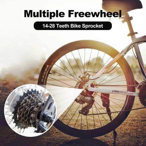 Six Speed Bike Freewheel MF-TZ500-6 14-28T Replacement Part For Road Mountain Hybrid Bikes on rear wheel close-up