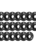 Set of twenty 3/4 inch floor flanges in malleable iron for DIY furniture and shelving decor, showcasing industrial vibe with threaded holes.