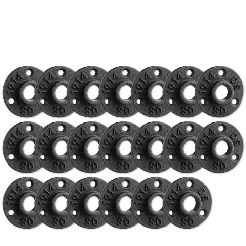 Set of twenty 3/4 inch floor flanges in malleable iron for DIY furniture and shelving decor, showcasing industrial vibe with threaded holes.