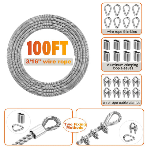 Stainless Steel Cable For Railing 100 Ft Long 3 16 Inch T316 Wire Rope 7x19 Build Heavy Duty 3700 Lbs Breaking Strength with clamps