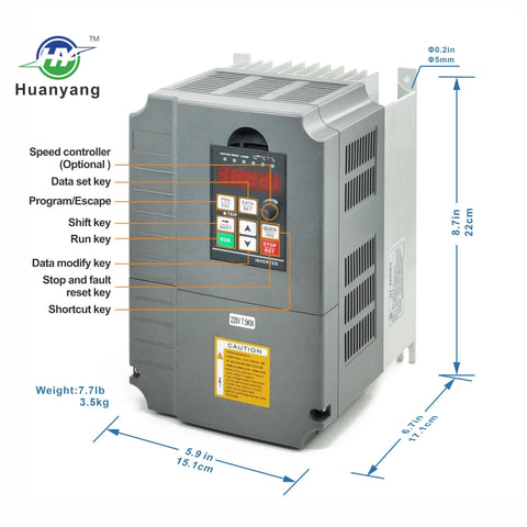 Front view of Huanyang VFD drive, 10HP (7.5kW), single-to-three-phase converter with display panel and control buttons
