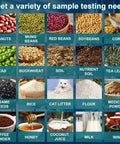 Image showcasing diverse sample testing materials: beans, grains, soil, leaves, and liquids for use with a 304 Stainless Lab Sieve Screen.