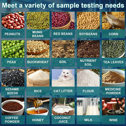 Image showcasing diverse sample testing materials: beans, grains, soil, leaves, and liquids for use with a 304 Stainless Lab Sieve Screen.