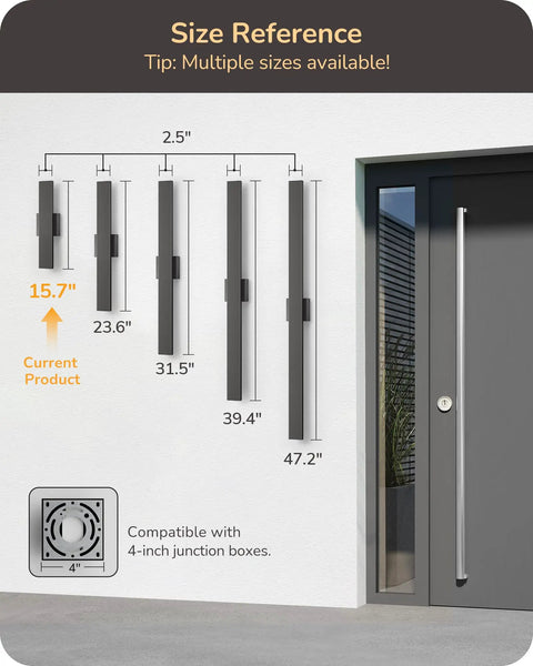 Size reference image for Top Shelf Led Outdoor Wall Lights Modern Black Finish 15.7 inch adjustable sconces.
