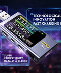 All In One USB Power Tester And Multimeter With App showing LCD display readings and USB port connectivity