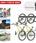 Swivel Bike Storage Rack For Tight Spaces, Adjustable Wall Mounted Garage Bike Rack holding various bike types, fits up to 3.4-inch tires.
