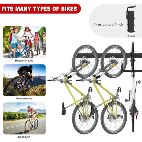 Swivel Bike Storage Rack For Tight Spaces, Adjustable Wall Mounted Garage Bike Rack holding various bike types, fits up to 3.4-inch tires.