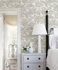 Grey Spinney Toile Wallpaper With Dope Hand Drawn Forest Trees in a bedroom setting with eggshell backdrop and furniture.
