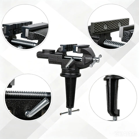 Badass 3.2 Inch Bench Vise With Fully Swiveling 360 Rotation And Grippy Soft Jaws showing detail of rubberized jaws and swivel mount.