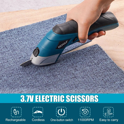 Smooth Cruising Cordless Electric Scissors 37 Volt Rechargeable Fabric Cutter cutting blue carpet with ergonomic grip.