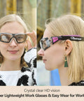 Woman wearing All Day Comfort Anti Fog Safety Goggles For Women With HD Scratch-Resistant Lenses, side and front view, purple frame.