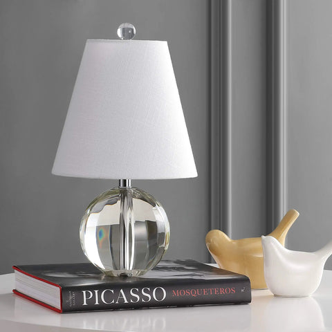 Clear Crystal Ball LED Table Lamp 16 Inches on a book, with White Linen Empire Shade, modern bedside light