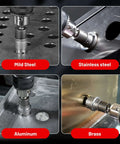 EZARC 9-piece carbide hole saw kit with quick-change arbor; collage shows mild steel, stainless steel, aluminum, brass