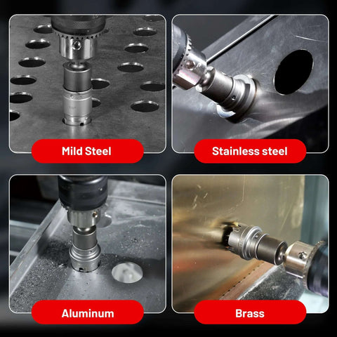EZARC 9-piece carbide hole saw kit with quick-change arbor; collage shows mild steel, stainless steel, aluminum, brass