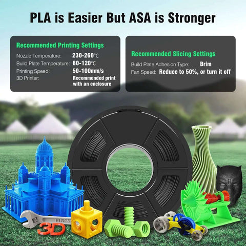 ASA 3D Printer Filament 1.75mm Black 1kg Spool UV Rain And Heat Resistant For Outdoor Functional Parts, print settings chart and models