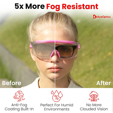Woman wearing Pink Chemistry Lab Goggles Anti Fog Z87.1 Safety Glasses For Women Lightweight Comfort With Clear Vision Over Prescription Fit