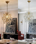 Top Tier Gold Crystal Raindrop Pendant Chandelier Featuring Durable Glass Tubes And Adjustable Chain Ceiling Light E26 Socket, lit and unlit views.