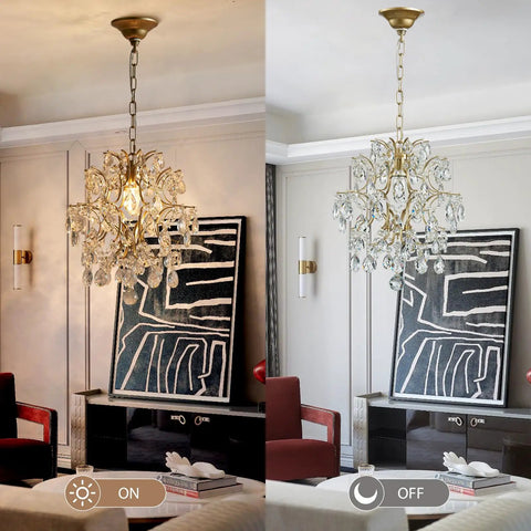 Top Tier Gold Crystal Raindrop Pendant Chandelier Featuring Durable Glass Tubes And Adjustable Chain Ceiling Light E26 Socket, lit and unlit views.