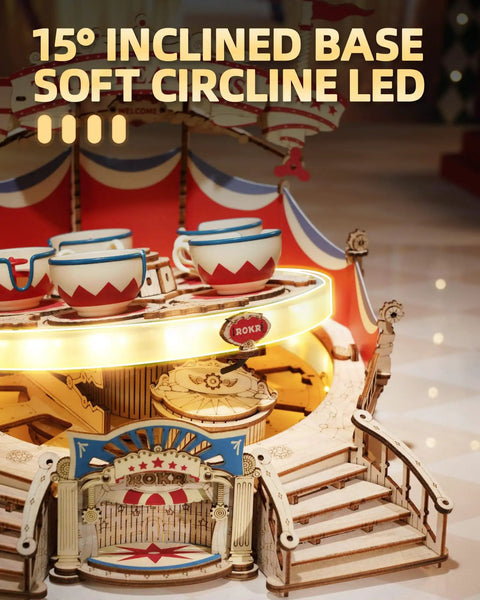 3D Wooden Puzzle Kit With LED Music Box For Adults And Teens Buildable Wooden Model Kit With Rotating Seats Lights And Music STEM Gift Idea For Christmas Hands On Challenge That Delights And Teaches Crafting Logic And Patience. 15° inclined base
