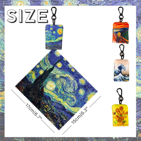 Seabbo microfiber glasses cleaning cloths keychain, 4-pack with double-sided art prints (Starry Night, Great Wave)