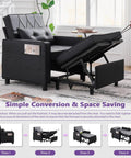 Leather Convertible Sleeper Chair Bed For Adults shown in pull-out recliner position with attached footrest and side pockets.