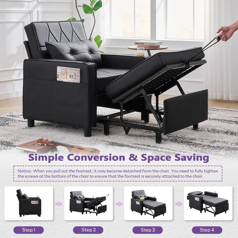 Leather Convertible Sleeper Chair Bed For Adults shown in pull-out recliner position with attached footrest and side pockets.