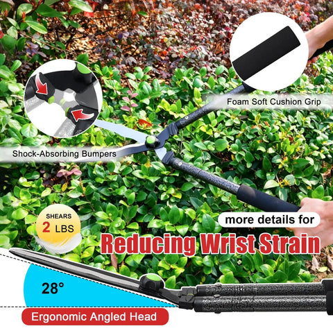 Self Sharpening High Carbon Steel Hedge Trimmers With 2x Leverage Long Handles For Effortless Pruning shown trimming hedges