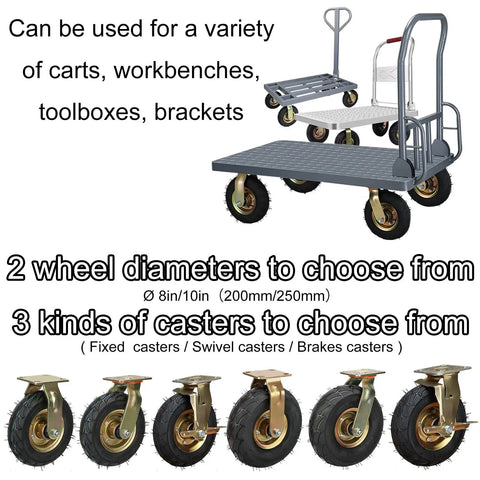 Heavy Duty Pneumatic Caster Wheels 8 Inch And 10 Inch 2 Pack Swivel Brake Fixed Casters displayed on utility carts.