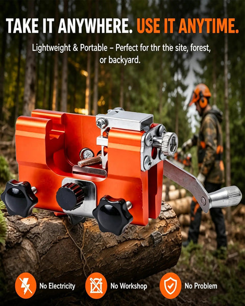Klampero Chainsaw Sharpener With Hand Crank And Angle Guide displayed on a log, portable clamp-on unit for 4-22 inch chains.