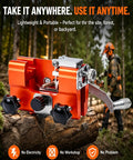 Klampero Chainsaw Sharpener Manual Chain Saw Sharpener Tool on log, portable clamp-on hand crank kit for 4-22 inch saws; no power needed.