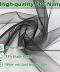 Stronger Beefy Garden Mesh Netting For Plants Vegetables Fruits And Flowers Heavy Duty 10x20 Ft Black PPT Nano Bug Bird Net Screen For Raised Beds Greenhouses Patios And Balconies With 33 Percent Shading Rate close-up of durable black mesh fabric with dense weave and 33% shade.