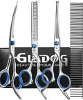 5 In 1 Dog Grooming Scissors Set With Safety Round Tips For Cats And Dogs, Heavy Duty Pet Grooming Shears, Includes 6.5 Inch Straight, Curved And Thinning Scissors, Comb, Cleaning Cloth, Leather Case, with 3 scissors and comb