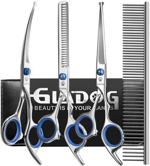 5 In 1 Dog Grooming Scissors Set With Safety Round Tips For Cats And Dogs, Heavy Duty Pet Grooming Shears, Includes 6.5 Inch Straight, Curved And Thinning Scissors, Comb, Cleaning Cloth, Leather Case, with 3 scissors and comb