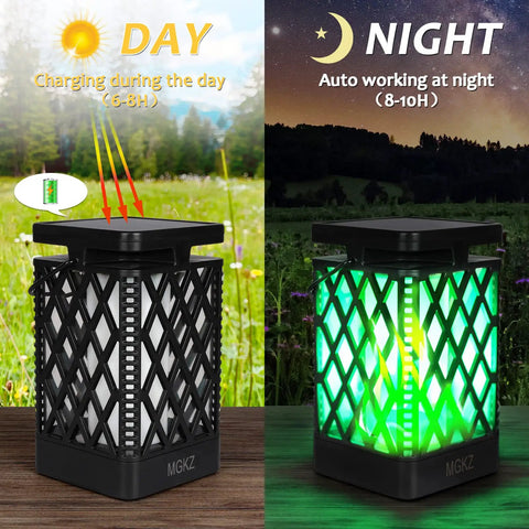 Multicolor Outdoor Solar Lanterns Pack Of 2 Waterproof Hanging Lights with 9 Modes showing day charging and night glow effect