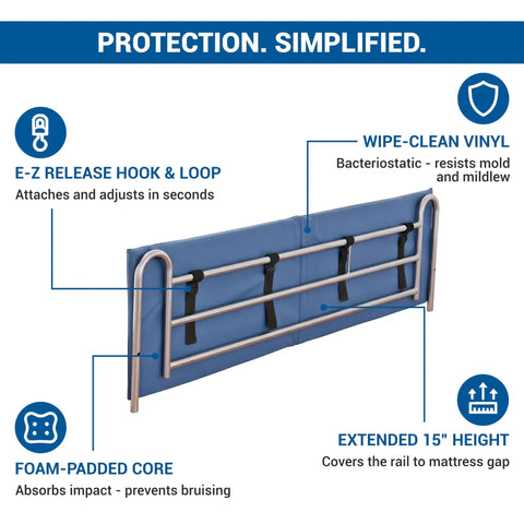 Vinyl Bed Rail Pads 60 Inch Long By 15 Inch High Reinforced 2 Inch Thick With Easy To Clean Surface And EZ Release Hook And Loop Straps