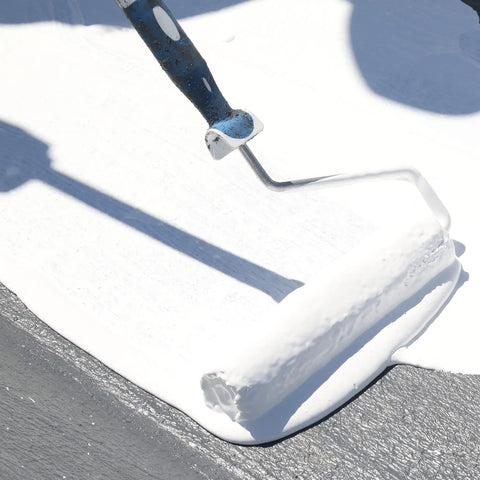 Applying Max Stretch Roof Coating White Elastomeric Sealant For Flat And Low Slope Roofs One Gallon with a paint roller.