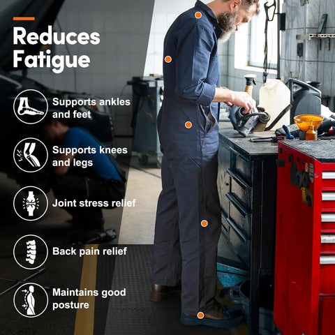 Mechanic standing on a Heavy Duty Anti Fatigue Mat 3 Ft By 6 Ft Diamond Plate Ergonomic Standing Floor Mat in workshop