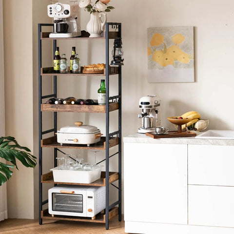Adjustable Six Tier Open Bookcase With Mid Century Rustic Farmhouse Charm And Industrial Wood And Black Metal Build in kitchen