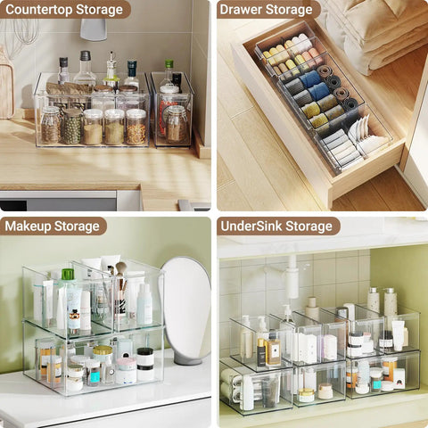 Countertop, drawer, makeup, and under-sink storage using Clear Plastic Storage Bins With Dividers 3 Pack Acrylic Stackable Organizer Boxes For Fridge Pantry And Cabinets Two Narrow And One Wide See Through Design Durable No Brainer Storage For Easy Home Edit Organization.