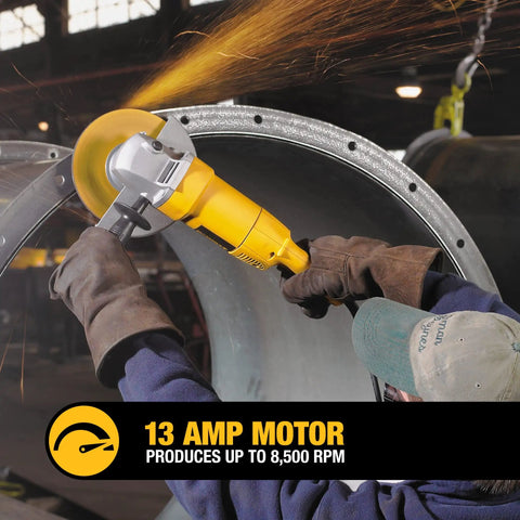 Worker using 7 Inch Angle Grinder Kit With 13 Amp Motor And Carry Bag Includes Cutting Wheels For Heavy Duty Grinding And Fast Material Removal Great Power To Weight Ratio For Less Fatigue on metal pipe.