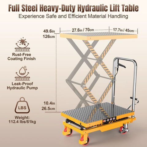 Front view of Tera hydraulic lift table cart with scissor lift, yellow base, diamond-plate platform, 330 lb capacity