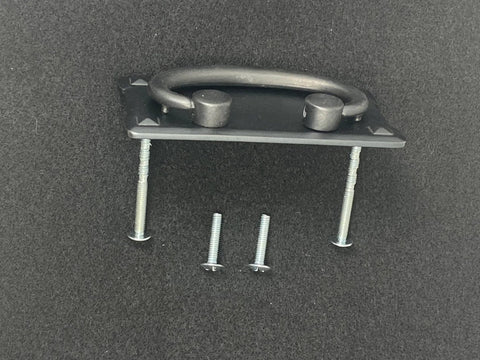 Mission Drawer Pull 3 Inch (76mm) Barcelona Pewter Finish For Cabinets And Furniture with screws displayed on dark background