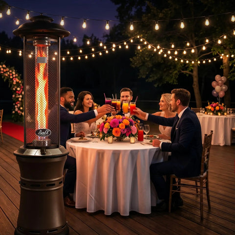 Gas Patio Heater With Wheels, Floor Standing Outdoor Heater With Round Dancing Flame And Glass Tube next to dinner table on veranda