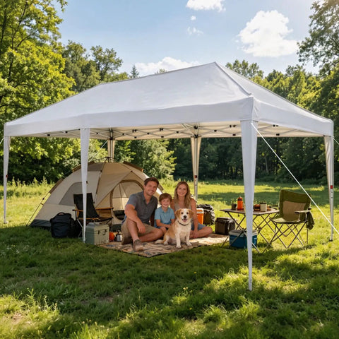 Family under Ten By Twenty Foot Pop Up Canopy Without Sidewall Waterproof Outdoor Shade Tent for camping, white, on grass