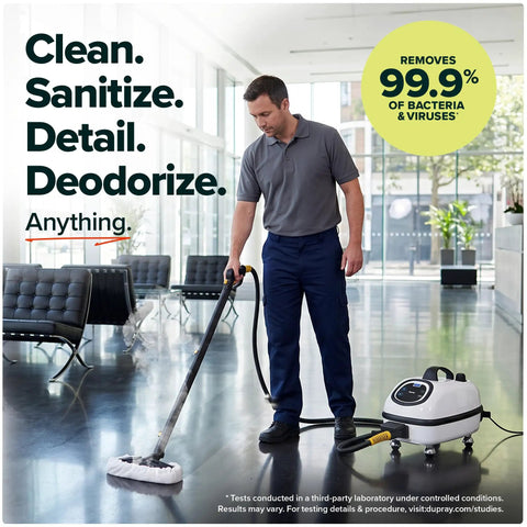 Heavy Duty Commercial Steam Cleaner With Slick Storage Bag delivers consistent low moisture dry vapor while cleaning floors.
