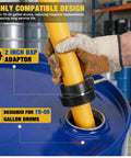 Heavy-Duty Barrel Pump Handles 15 To 55 Gallons Easy 10 Gpm Straight Up Fast Chemical Fuel Water Transfer showing 2 inch BSP adaptor in use.