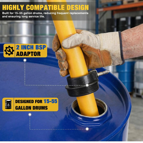Heavy-Duty Barrel Pump Handles 15 To 55 Gallons Easy 10 Gpm Straight Up Fast Chemical Fuel Water Transfer showing 2 inch BSP adaptor in use.