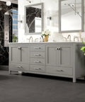 Kickstart Your Reno With This Legit 84 Inch Gray Double Sink Bathroom Vanity Featuring A Genuine White Carrara Top And Solid Wood Construction Plus Premium Brushed Nickel Hardware, detailed front view in modern bathroom setting.