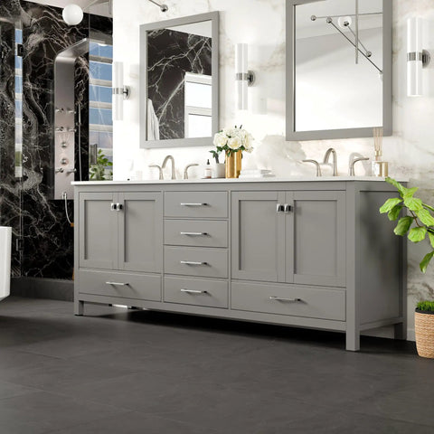 Kickstart Your Reno With This Legit 84 Inch Gray Double Sink Bathroom Vanity Featuring A Genuine White Carrara Top And Solid Wood Construction Plus Premium Brushed Nickel Hardware, detailed front view in modern bathroom setting.
