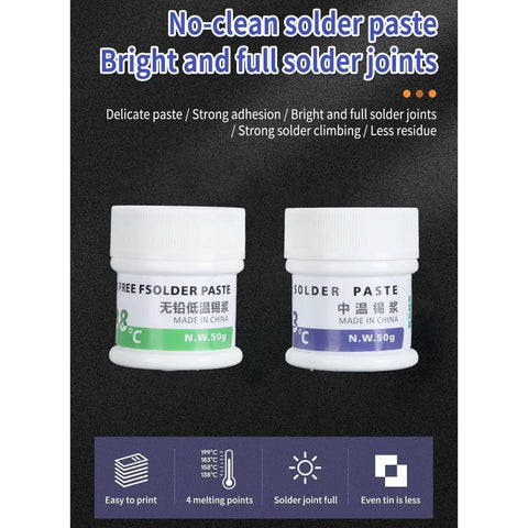 Two 50g containers of Pro Grade Solder Paste 138C To 183C Melting Point for PCB repair with product details in the background.